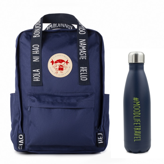 Packs viaje Botella térmica y Mochila Viajera colección #Moodlifetravel de la marca Pepita Viajera color azul