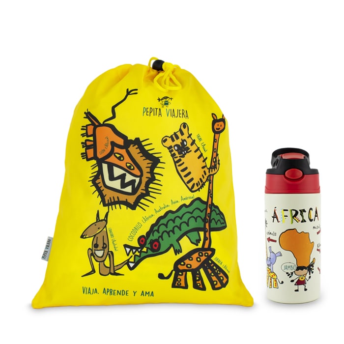 Pack especial día de Africa marca Pepita Viajera. Botella térmica infantil Africa y bolsa saco Animales