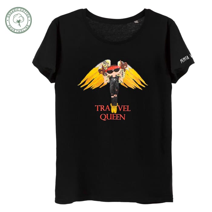 Camiseta de algodón orgánico modelo Travel Queen para los más viajeros en color negro. Vista producto general