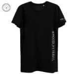 Camiseta de algodón orgánico en color negro modelo #moodlifetravel. Luce y viraliza nuestro hashtag. Vista producto general