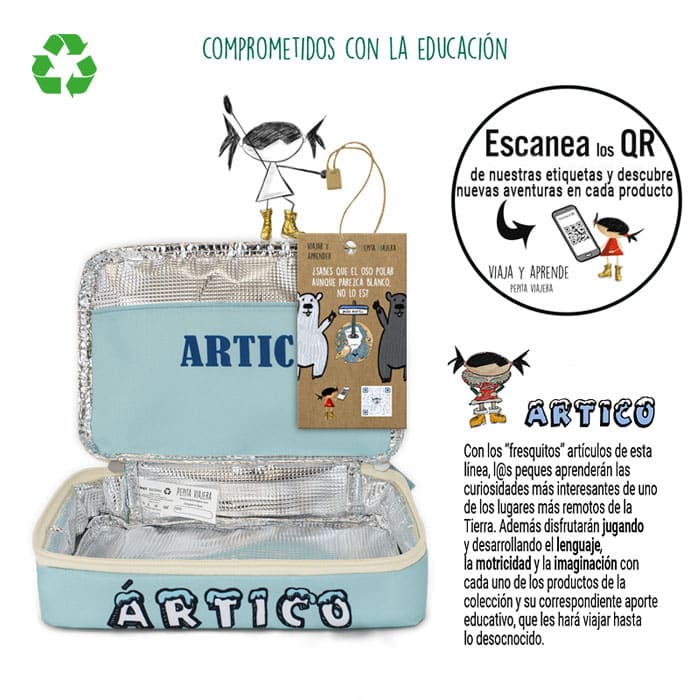 Bolsa merienda térmica de la marca Pepita Viajera, colección Ártico, información educativa adicional.