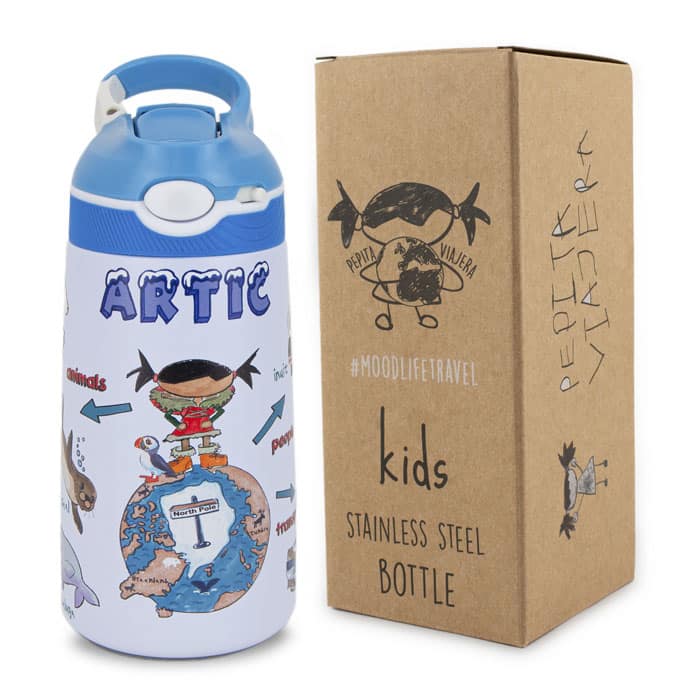 Botella térmica colección ártico, marca Pepita Viajera. Detalle packaging