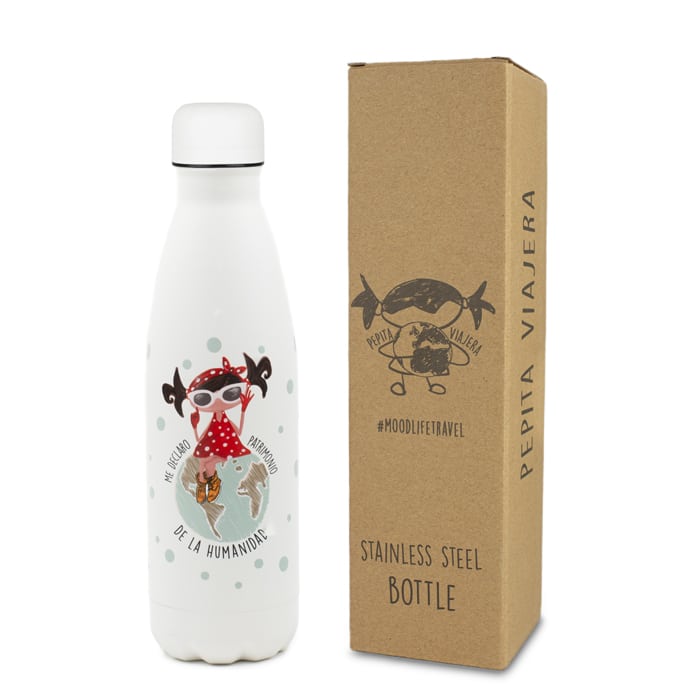 Detalle packaging botellas termicas colección me declaro patrimonio de humanidad de la marca Pepita Viajera